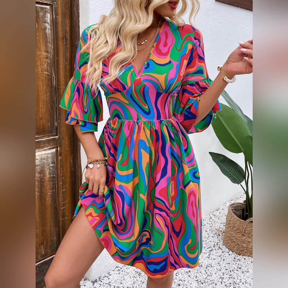 Whimsy Color Waves V-Neck Dress - Picture 6 of 10